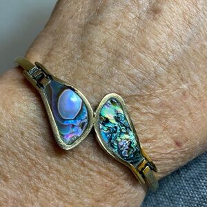 Vintage Mexican Alpaca Gold-Tone Abalone Hinged Cuff Bracelet | Mexico | 7”